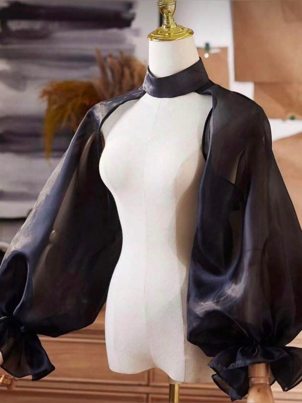 Sheer Black Chiffon Bolero Shrug with Balloon Sleeves